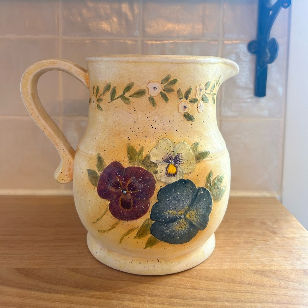 Vintage Bob’s Pottery Hand Painted Decorative Pitcher/Vase in Pansy Vines